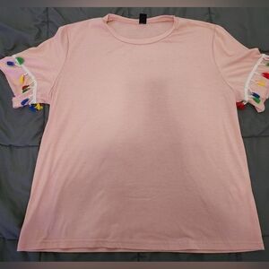Women's Pink Tee with Tassel Sleeves (Size Large)